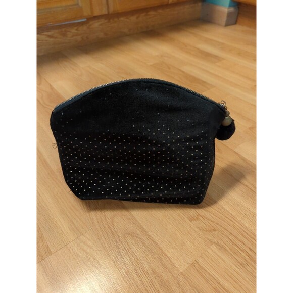 Vince Camuto Cosmetic Makeup Bag Black Velvet Gold Micro Studs Zip Pom Pom - Picture 5 of 11
